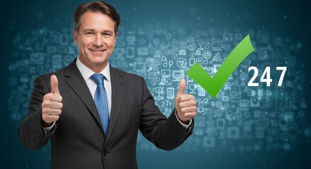 Confident businessman giving thumbs up next to green checkmark and '247 Support' text, symbolizing successful service and approval