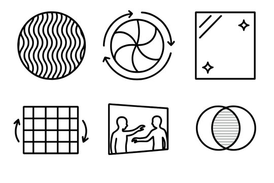 Optical Kinetic Icons. Line style icons of Optical Kinetic Art: moiré pattern disc, rotating visual illusion, spinning contrast