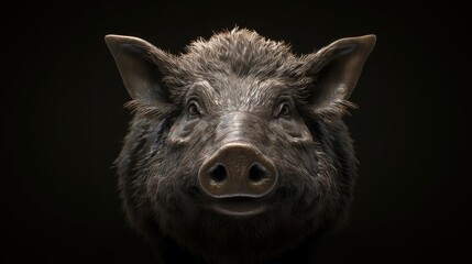 Realistic close-up portrait of a black pig with expressive eyes, showcasing unique features and textures against a dark background