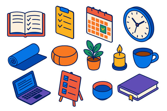 Mindful Productivity Icons. Isometric vector illustration set Productivity and Mindfulness: planner notebook, to-do list, calendar - Powered by Adobe