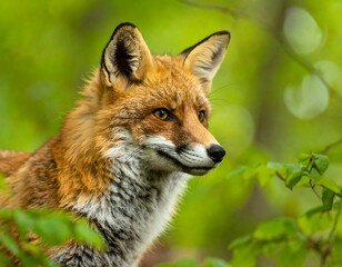 Obraz premium Close-up of a red fox, peering alertly from amidst vibrant greenery