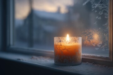 Warm candlelight flickering in a frosted glass holder on a snowy window sill, creating a cozy atmosphere during winter evenings