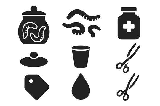 Historical Bloodletting Icons. Solid style icons of Historical Bloodletting Tools: Leech Jar, Leeches, Glass, Medicine, Lid,