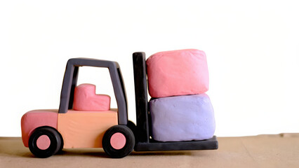 Minimal clay forklift loading colorful cargo on blank stage with soft lighting and simple background
