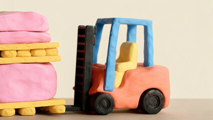 Clay forklift with blue frame and yellow seat lifting pink clay pallet in warehouse setting, playful and colorful model