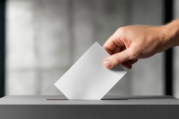 Hand placing a ballot into a voting box in a dimly lit environment, symbolizing civic duty and democratic participation in elections