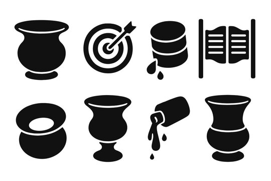 Vintage Tobacco Spittoon Icon. Solid style icons of Vintage Tobacco Spittoon: Brass, Aim, Chewing Tobacco, Saloon, Rim, Pedestal,