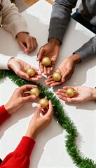 Diverse group of friends decorating for Christmas together. Top view flat lay of hands holding golden ornaments. Holiday celebration and togetherness concept