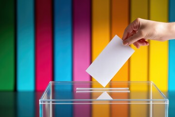 Hand placing a ballot into a voting box in a dimly lit environment, symbolizing civic duty and democratic participation in elections