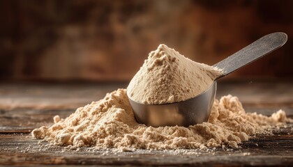 Fototapeta premium Protein Isolate Powder Scooped Onto A Grunge Wooden Table: A High-Quality And Convenient Source Of Protein For Health And Fitness.