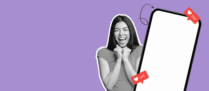 A young woman shows joy and excitement while looking at her smartphone screen. The background is a lively purple. She has a cheerful expression, celebrating a moment of achievement.