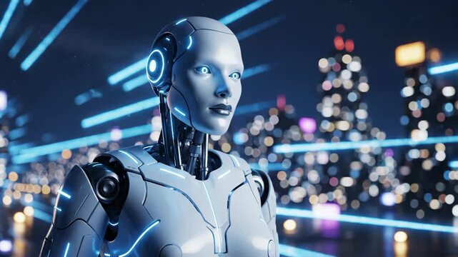 Hyperrealistic cinematic 3D render of a futuristic female android robot standing in a neon-lit city at night.