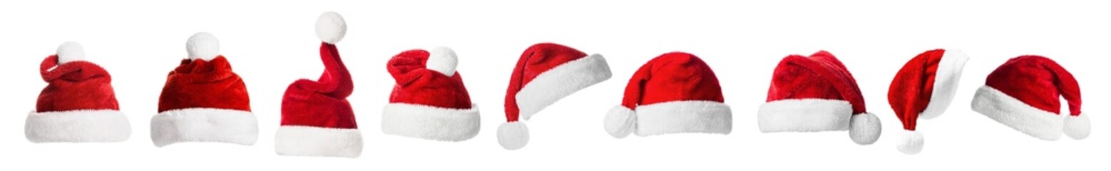 Collage with Santa Claus hats set, closeup objects. Isolated on transparent background. Christmas and New Year celebration