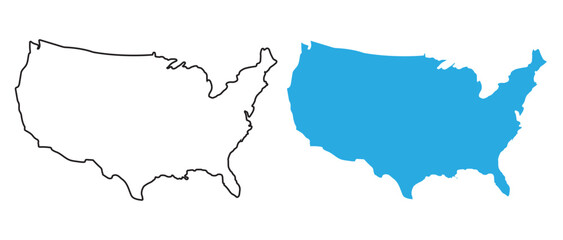 Set of United States map outlines and solid silhouettes isolated on transparent background