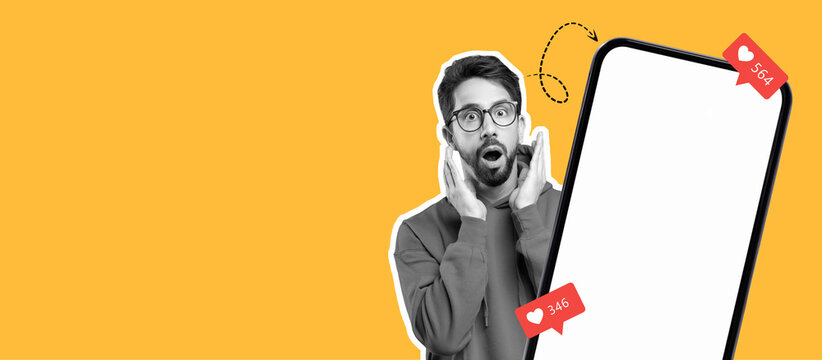 A man shows shock and delight at social media notifications on his phone. He holds his hands to his face, surrounded by a vibrant yellow background, capturing a moment of online engagement. - Powered by Adobe