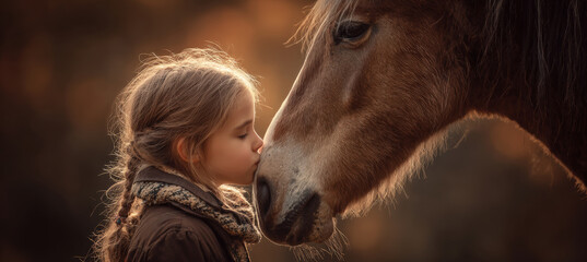 Child Kissing Horse in Soft Golden Light, Perfect for Family Brands