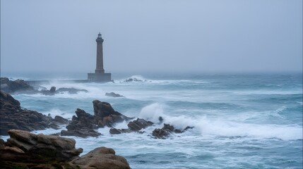 Dramatic coastline lighthouse stands strong amid crashing waves on a misty gray seascape