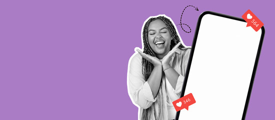 A vibrant collage captures a woman smiling broadly with her hands on her cheeks, expressing joy.