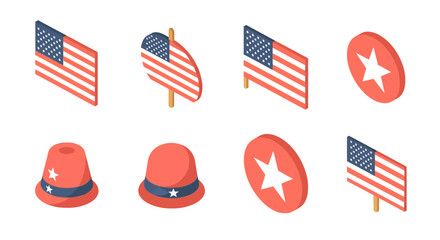 Isometric american flags and patriotic icons set on white background