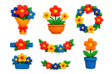 Set of colorful flowers and plants are arranged in various sizes and shapes