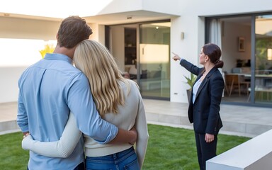 Real estate agent showing a modern house to a young couple