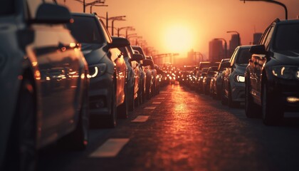 Sundays' Traffic Congestion: A Standstill In The City With Selective Focus. Streets Clogged And Traffic Paralyzed On Busy Sunday.