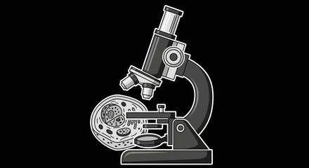 Detailed diagram of microscope with cell section highlighting biological exploration