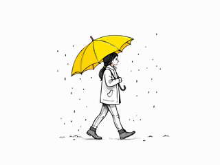 Fototapeta premium Person Walking in Snow with Yellow Umbrella Line Art
