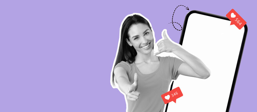 A woman smiles and gives a thumbs-up while interacting with her smartphone. Social media notifications appear alongside her, showcasing her engagement and enthusiasm for communication and connection. - Powered by Adobe