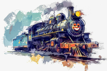Obraz premium Colorful cartoon train featuring a cheerful face set against a clean white background