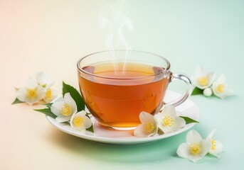 Hot cup of jasmine tea with fresh flowers on a pastel background. Herbal beverage for wellness and relaxation with copy space