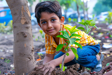 An Indian boy participating in a tree-planting drive in his neighborhood on Environment Day, greening urban spaces and improving air quality.