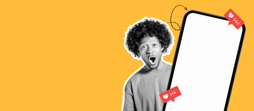 A person with curly hair shows surprise while viewing their phone. The background is bright yellow, enhancing the joyful mood. Social media likes are visible, indicating engagement and excitement.