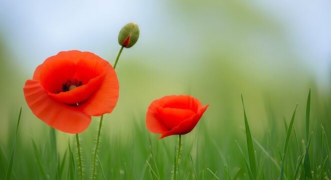 Close-up of red poppies in a green meadow