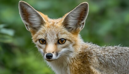 Fototapeta premium Close-Up Portrait Of White-Footed Fox In Natural Monsoon Greenery At Outdoor Jungle Safari In The Forest Of Rajasthan, India.