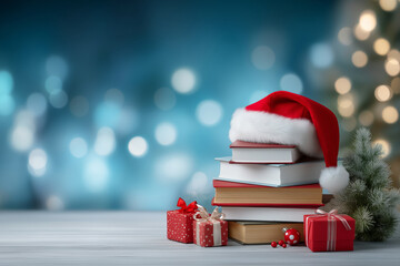 Cozy winter scene with books, gifts, and a Santa hat celebrating the joy of reading during the holiday season