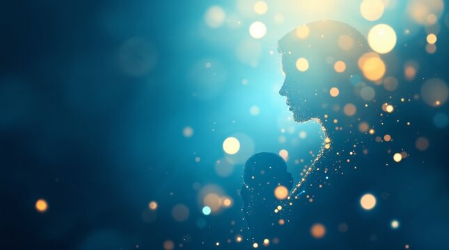 Abstract silhouette of a mother holding a baby made of glowing particles. A native scene representing the bond of family and love. Futuristic digital art with bokeh background