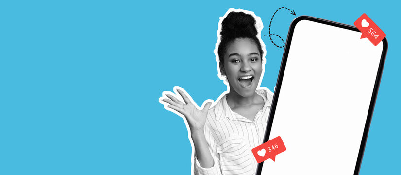 A young woman with a cheerful smile waves enthusiastically while standing next to an empty smartphone screen. The background is vibrant blue, creating a lively atmosphere.