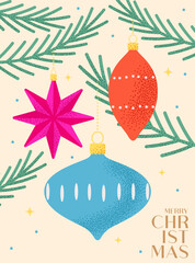 Merry Christmas and Happy New Year! Christmas tree branches with decorations. Vector illustration for posters, invitations, covers, postcards, brochures, and greeting cards.