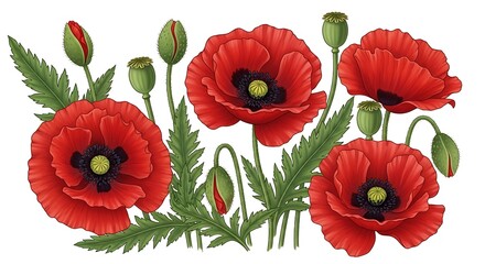 Obraz premium Red poppy flowers and buds floral display