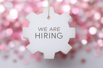 Hiring announcement displayed on a gear-shaped sign with pink bokeh background to attract job seekers to join a dynamic team