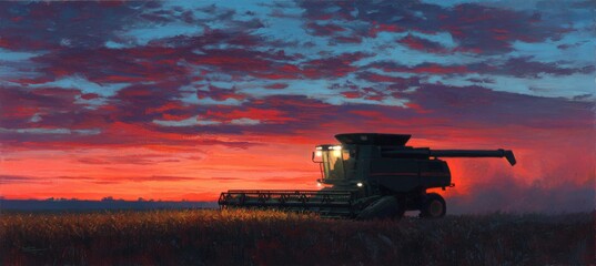 Combine Harvester at Twilight with Vibrant Sky and Glowing Cab Lights
