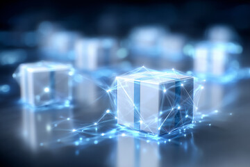 In a high-tech warehouse, automated systems manage data and package movement, illustrating the future of logistics and digital infrastructure in a connected environment