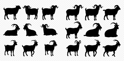 Silhouetted goats in various poses, standing and lying down, with different horn shapes.