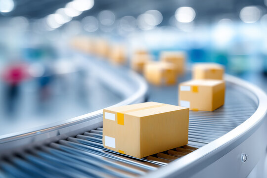 In a high-tech warehouse, packages travel smoothly along a conveyor belt, showcasing advanced automation and efficient logistics for modern supply chains