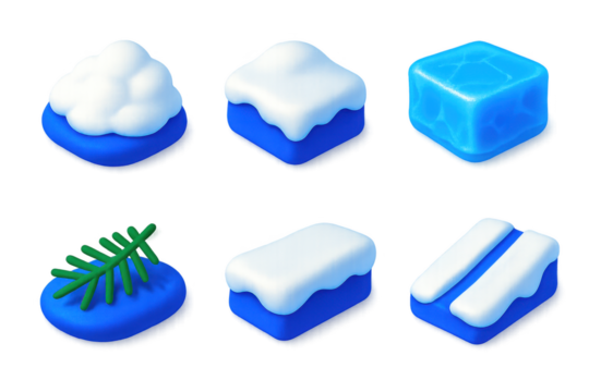 Variety of snow-covered objects, including a leaf, a snowflake, and a snowman