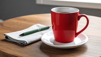 Red Mug on Wooden Table with Pen and Napkin.