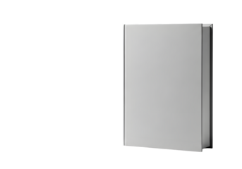 A plain white hardcover book with a silver spine edge isolated on a transparent background blank