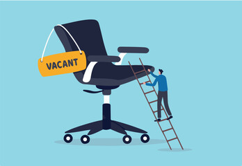 Candidate searching for job, career path or job promotion to be management, ladder of work success concept, ambitious businessman worker climbing the ladder to management office chair with vacant sign
