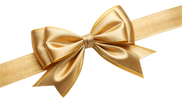Golden satin ribbon bow isolated PNG, elegant gift wrap element on transparent background for festive celebrations and decorative design projects
